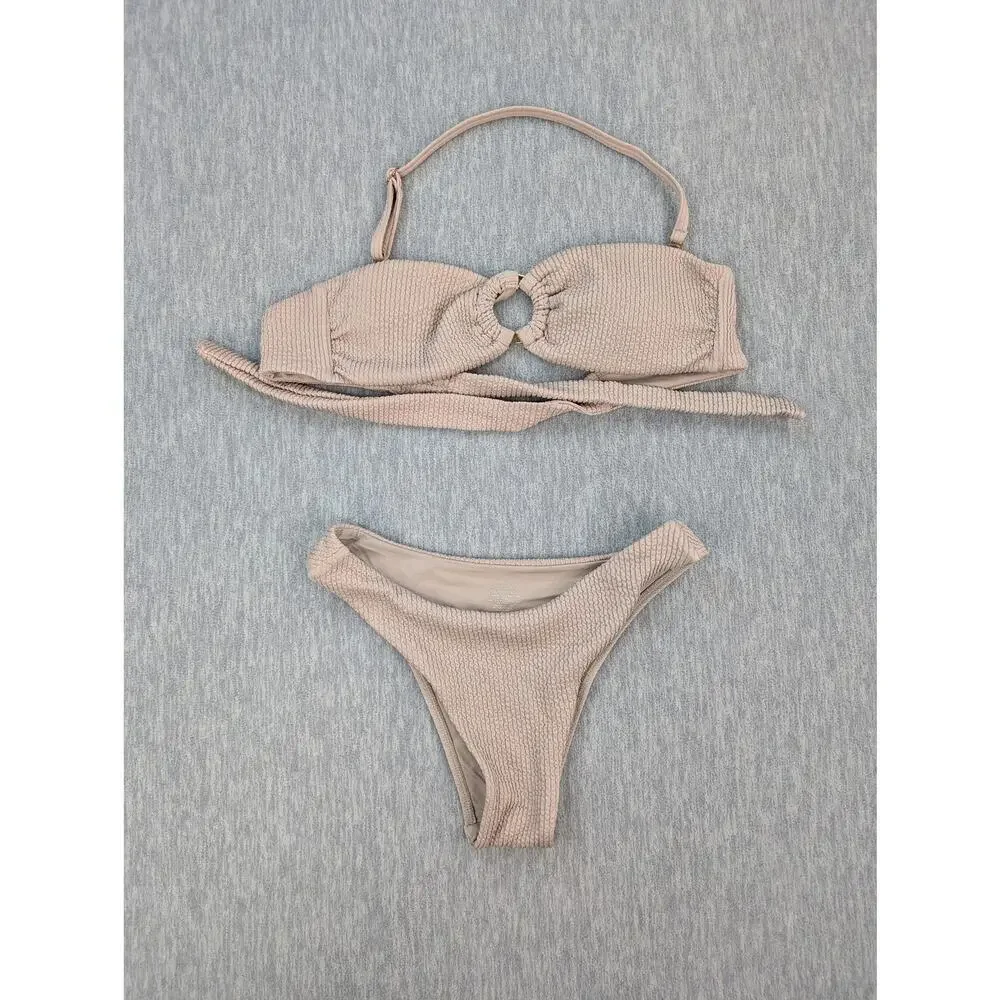 Monday Swimwear Bikini Set Womens P Petite Beige Textured Bandeau Ring Minimal
